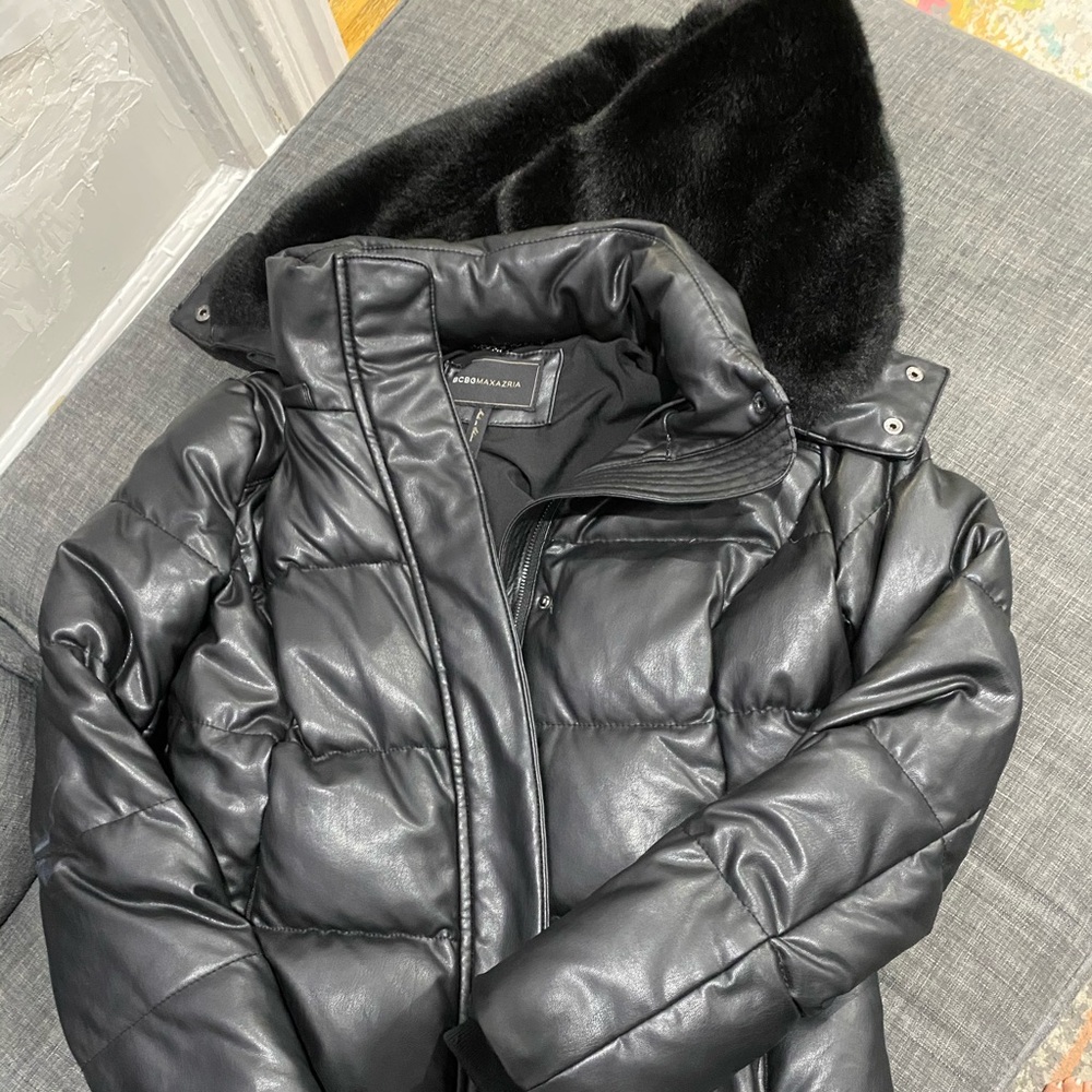 Black Leather jacket with fur hood- worn twice
